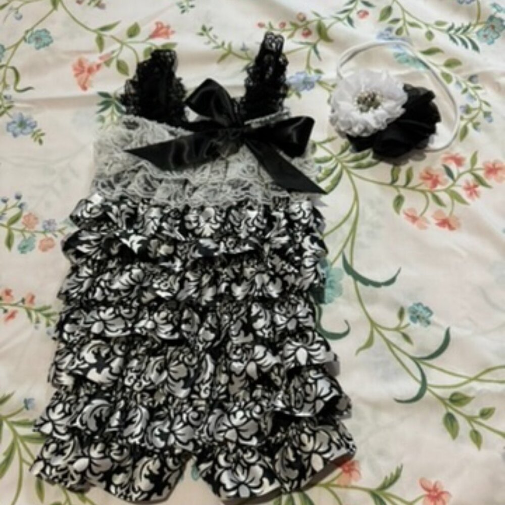 Damask Print Petti Romper with Headband